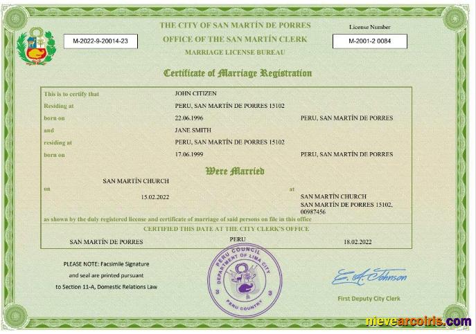 Peru marriage certificate